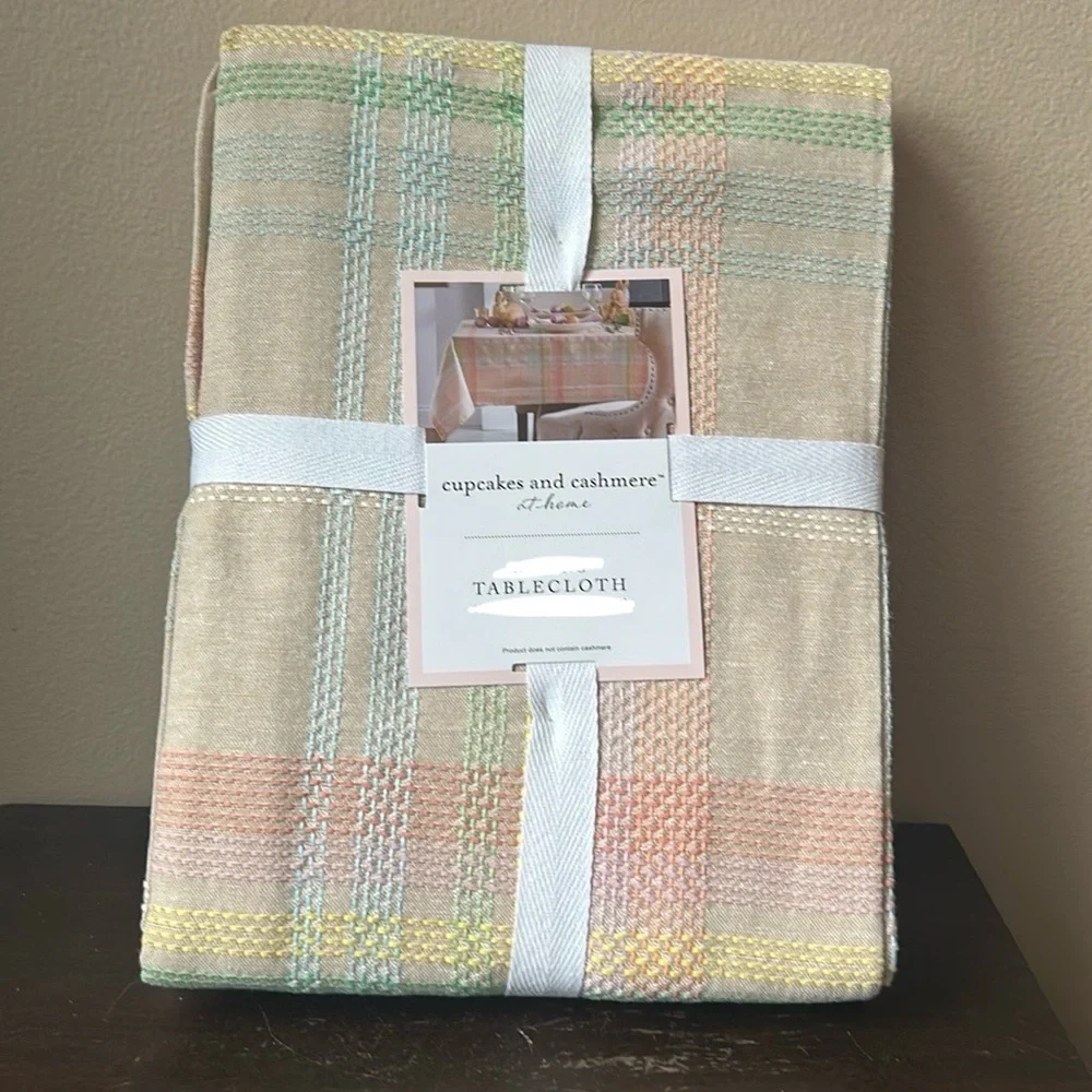 Cupcakes & Cashmere Tablecloth 60”x 120” Easter Plaid Pastel Stitch Design New